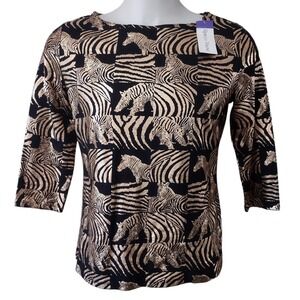 Rebecca Malone Top Shirt Woman's Size Large Gold Black Zebra Design 3/4 Sleeve